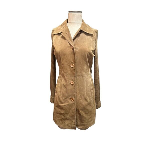Twiggy Womens Leather Coat with Wool Blend Knit Sleeves Hip Length Retro Size M - Picture 1 of 16